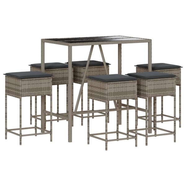 vidaXL Ensemble de bar de jardin 7 Pièces avec coussins gris poly rotin