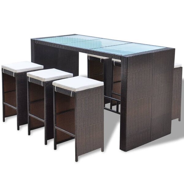 vidaXL Meuble de bar de jardin 7 Pièces et coussins Résine tressée Marron