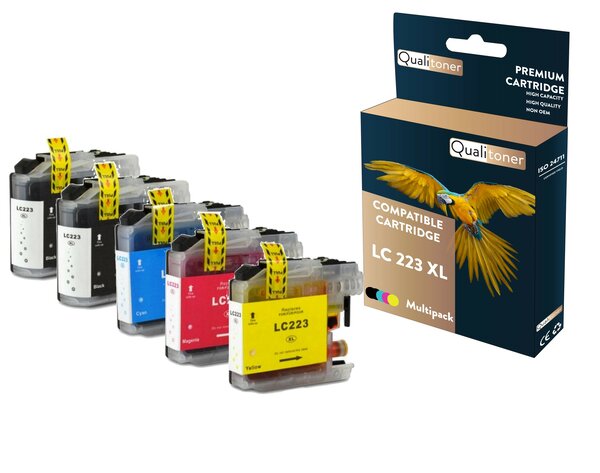 Qualitoner - 5 cartouche compatible pour brother lc223xl lc 223 xl noir (x2) + cyan + magenta + jaune (cerf volant)