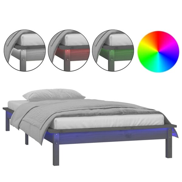 vidaXL Cadre de lit à LED sans matelas gris 90x200 cm bois massif