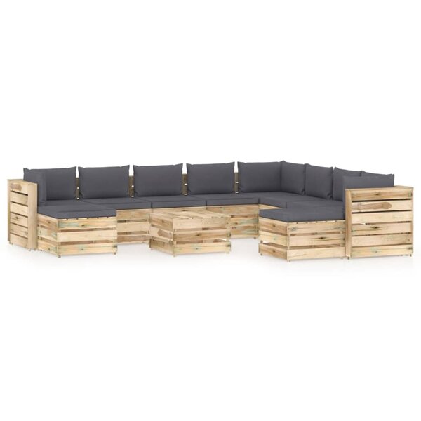 vidaXL Salon de jardin 11 Pièces avec coussins Bois imprégné de vert