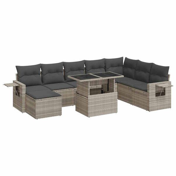 vidaXL Salon de jardin 9 Pièces avec coussins gris clair résine tressée
