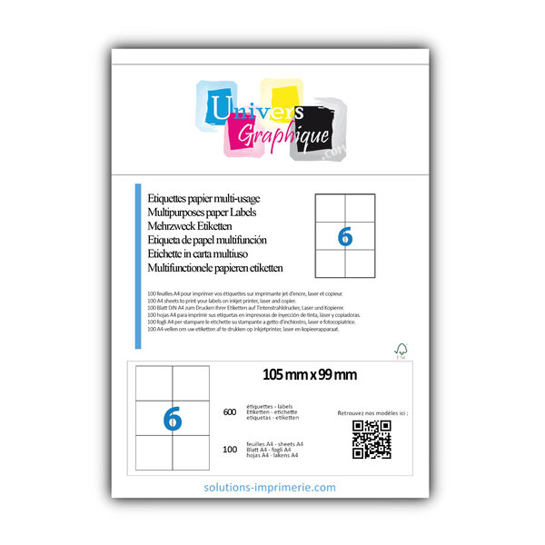 Lot de 100 planches a4 de 6 étiquettes à bords vifs 105 x 99 mm en papier blanc 70g/m² multifonction