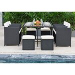 Ensemble repas de jardin encastrable 6 personnes - Table + fauteuils + poufs - Noir