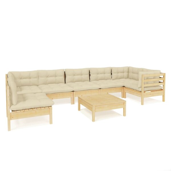 Salon de jardin meuble d'extérieur ensemble de mobilier 8 pièces avec coussins crème bois de pin 02_0017565