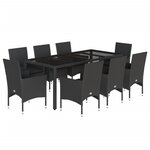 vidaXL Ensemble à manger de jardin et coussins 9 Pièces noir rotin verre