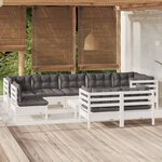 vidaXL Salon de jardin 10 Pièces avec coussins blanc bois de pin massif