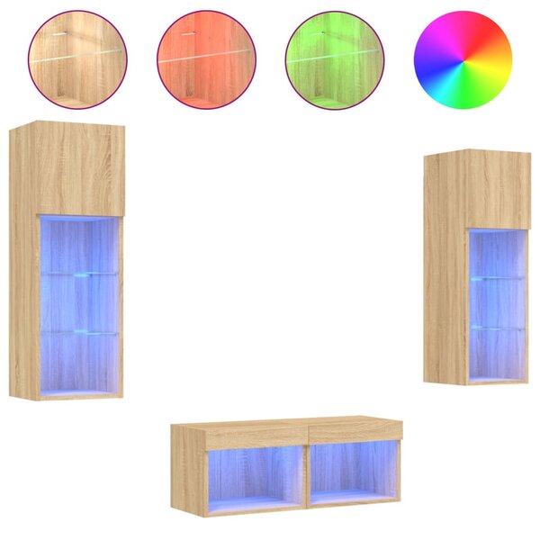 vidaXL Meuble TV muraux 4 Pièces avec lumières LED chêne sonoma