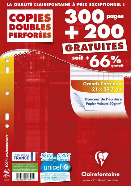 Copie doubles Seyes Grand carreaux Paquet de 300 + 200 gratuit, Blanc CLAIREFONTAINE