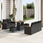 Set de canapé de jardin 8 pièces avec coussins noir rotin synthétique acacia