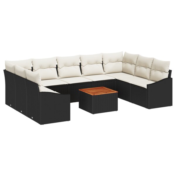 vidaXL Ensemble de canapé de jardin 10 pièces avec coussins Noir Poly Rattan Acacia