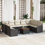 vidaXL Ensemble de canapé de jardin 10 pièces avec coussins Noir Poly Rattan Acacia