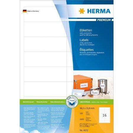 Etiquettes universelles premium, 97,0 x 33,8 mm, blanc 1600 sur 100 f herma