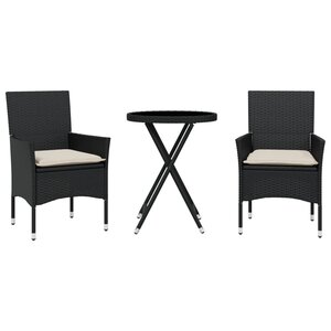 vidaXL Ensemble de bistro avec coussins 3Pièces noir résine tressée verre