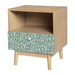 Chevet 1 tiroir - Décor chene et vert - Pieds en bois massif - L 45 x P 40 x H 52 cm - GARDENIA