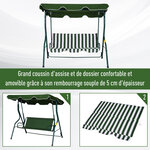 Balancelle de jardin 3 places toit imperméabilisé inclinaison réglable coussins assise dossier 1 7L x 1 1l x 1 53H m métal époxy polyester vert blanc rayé