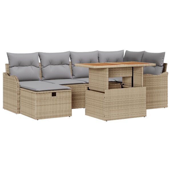 vidaXL Set de canapés de jardin 7 pièces avec coussins en poly rotin beige