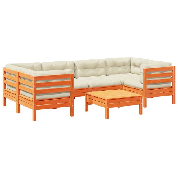 vidaXL Salon de jardin 7 Pièces avec coussins cire marron bois pin massif
