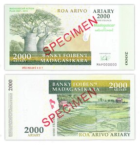 Billet de Collection 2000 ariary / 10000 Francs 2007 Madagascar - Neuf - P93 - Specimen