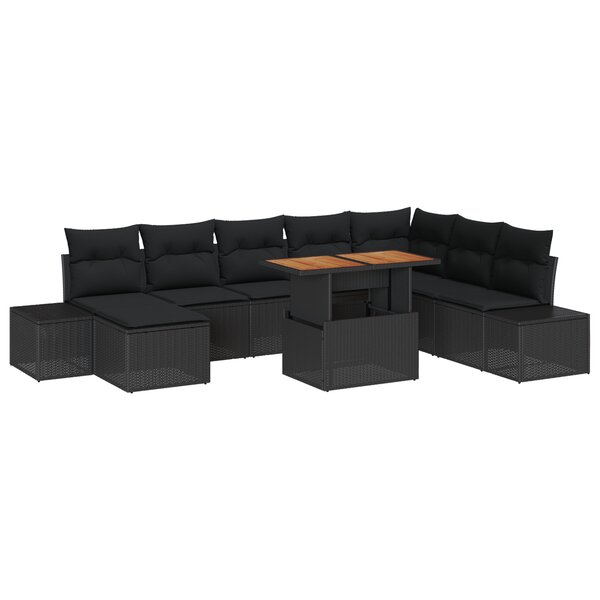 vidaXL Table à manger de jardin 9 pièces avec coussins en rattan noir et bois d'acacia