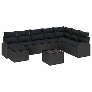 vidaXL Ensemble de canapé de jardin avec coussin 9 Pièces Noir Poly rotin
