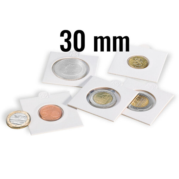 Cadres cartonnés autocollant pour monnaies jusqu'à 30mm. Paquet - 100 étuis