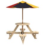 vidaXL Table de pique-nique pour 4 enfants avec parasol rond sapin