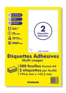 500 planches a4 - 2 étiquettes 199,6 mm x 143,5 mm autocollantes blanche par planche pour tous types imprimantes - jet d'encre/laser/photocopieuse
