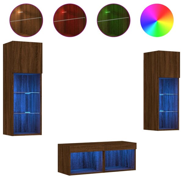 vidaXL Meuble TV muraux 4 Pièces avec lumières LED chêne marron