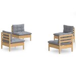 vidaXL Salon de jardin 4 Pièces avec coussins gris Bois de pin