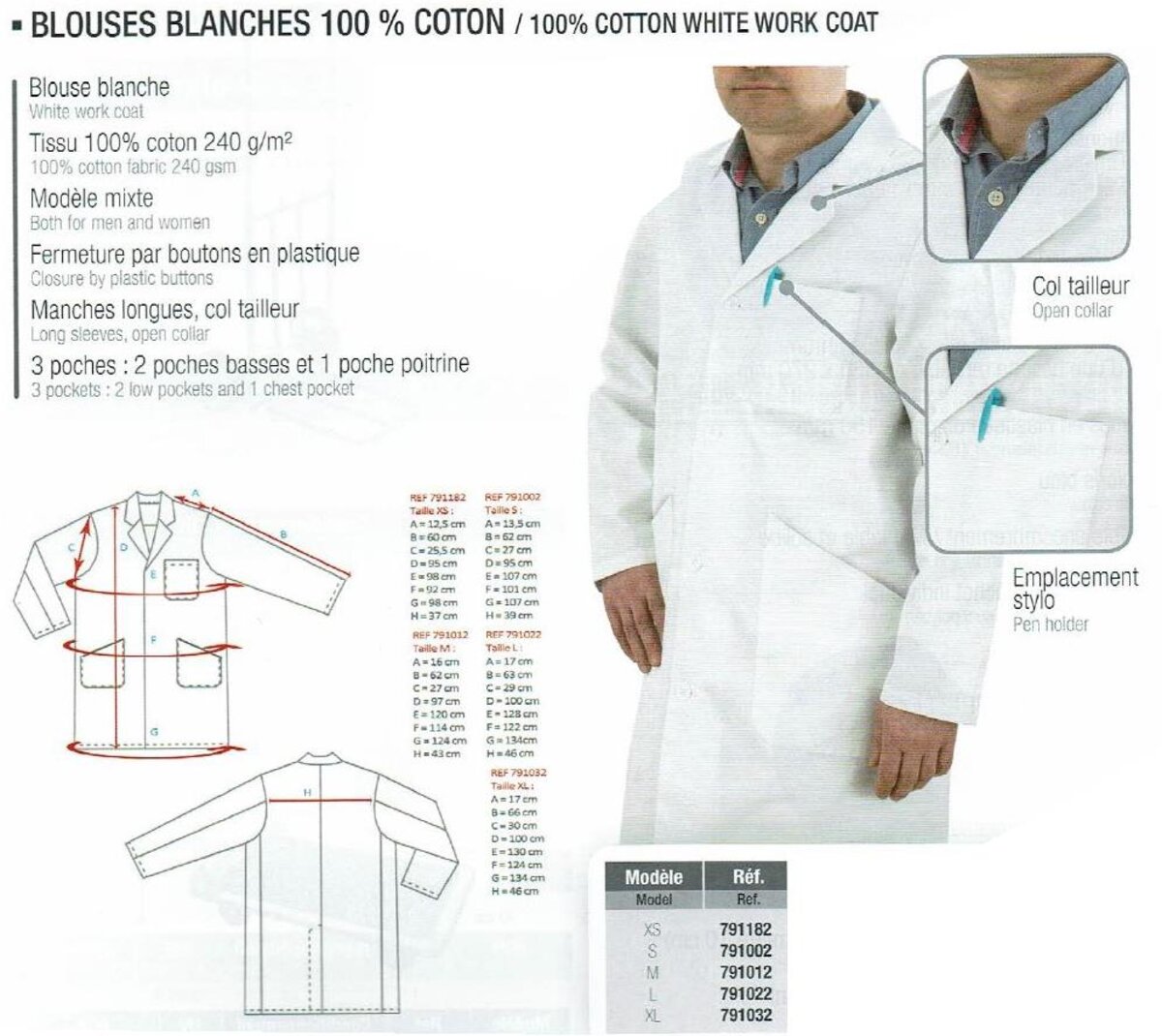 T-SHIRT Générique Blouse Blanche Lycée Coton Blouse Chimie Laboratoire Femme Homme Manche Longue