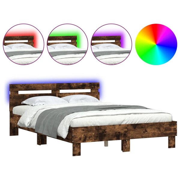 vidaXL Cadre de lit avec tête de lit et LED chêne fumé 135x190 cm