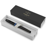 Stylo plume Parker IM Vibrant Rings  Satin noir laqué  attributs bleu océan  Plume fine  recharge d’encre bleue  Coffret cadeau