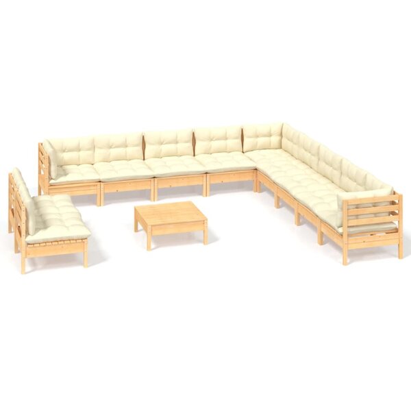 Salon de jardin meuble d'extérieur ensemble de mobilier 12 pièces avec coussins crème bois de pin massif 02_0015570