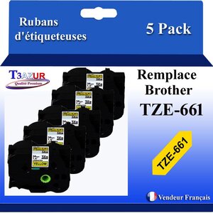 5x Rubans d'étiqueteuses compatibles avec Brother Tze661  Tze-661 pour étiqueteuses P-touch - Texte noir sur fond jaune