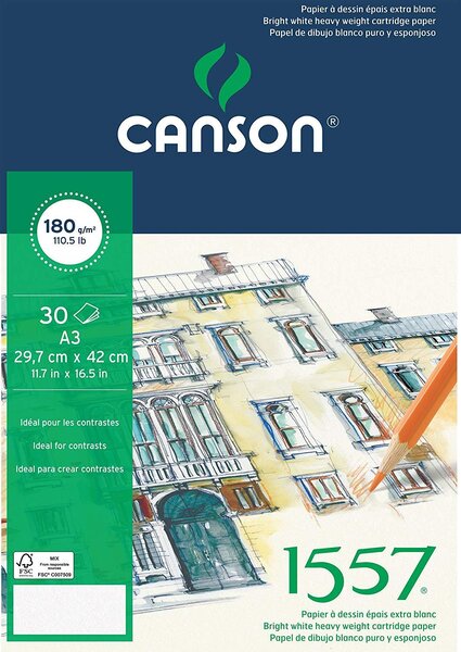 Bloc 30 Feuilles Papier Dessin '1557' A3 180 g Blanc Pur CANSON