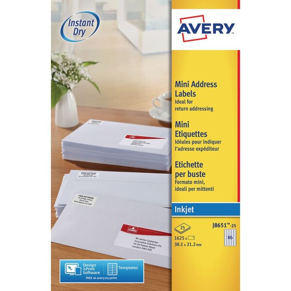 Mini-étiquettes de courrier pour imprimantes à jet d'encre, 38,1 x 21,2 mm, 25 feuilles, 65 étiquettes par feuille, auto-adhésives, blanc (paquet 1625 unités)