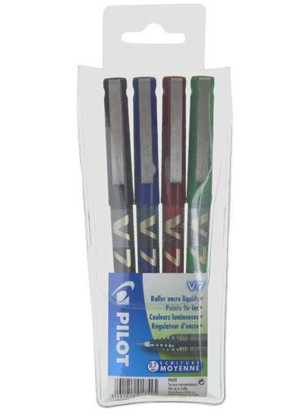 Etui de 4 Rollers Hi-Tec point V7 Pointe Moyenne Assortis PILOT