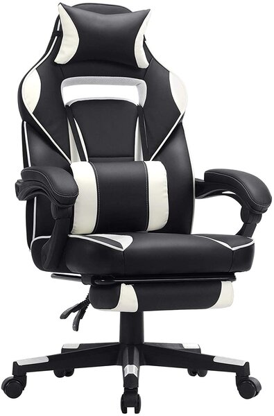Fauteuil gamer chaise gaming siège de bureau réglable avec repose-pieds télescopique ergonomique mécanisme basculent appui-tête support lombaire charge 150 kg noir et blanc 12_0000398