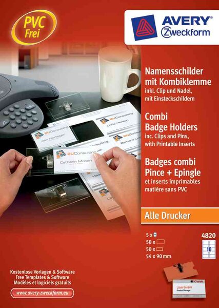 Boite de 50 Badge avec pince universelle 90 x 54 mm AVERY ZWECKFORM