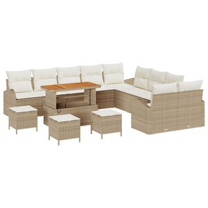 Ensemble de Canapés de Jardin de 14 pièces avec Coussins Beige en Poly Rotin Acacia