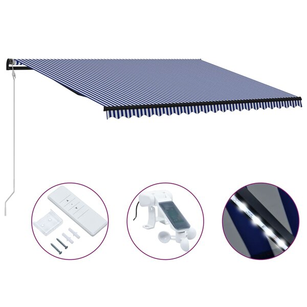 vidaXL Auvent rétractable capteur de vent LED 500x300 cm Bleu et blanc