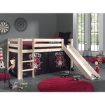 PINO Lit Compact avec Toboggan Pin Massif Nature +  Rideau de lit Pirate