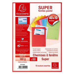 Paquet De 40 + 10 Chemises À Fenêtre Super 160g/m2 - 22x31cm - Couleurs Assorties - X 8 - Exacompta