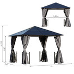 Pavillon de jardin tonnelle rigide dim. 3L x 3l x 2 63H m 4 parois latérales anti-UV grise 4 moustiquaires zippées alu polycarbonate noir