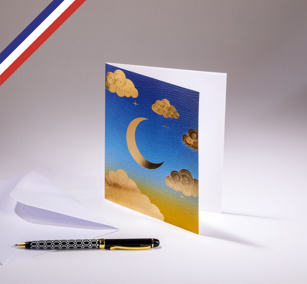 Carte double aurore créée et imprimée en france sur papier certifié pefc - lune et nuages