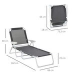 Bain de soleil pliable - transat inclinable 4 positions - chaise longue grand confort avec accoudoirs - métal époxy textilène - dim. 160l x 66l x 80h cm - gris foncé