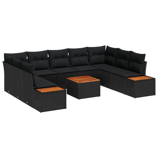 vidaXL Ensemble de canapé de jardin 10 pièces avec coussins Noir poly rotin Acacia