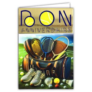 65-1429 Carte Bon ANNIVERSAIRE TENNIS BADMINTON en Or Doré Brillant avec Enveloppe 12x17 5cm Pour sportif sportive joueur joueuse champion championne sports de raquettes balle de golf volant baskets