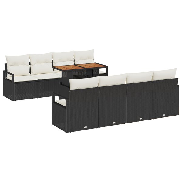 Ensemble de canapé de jardin de 9 pièces avec coussins en poly rattan noir acacia